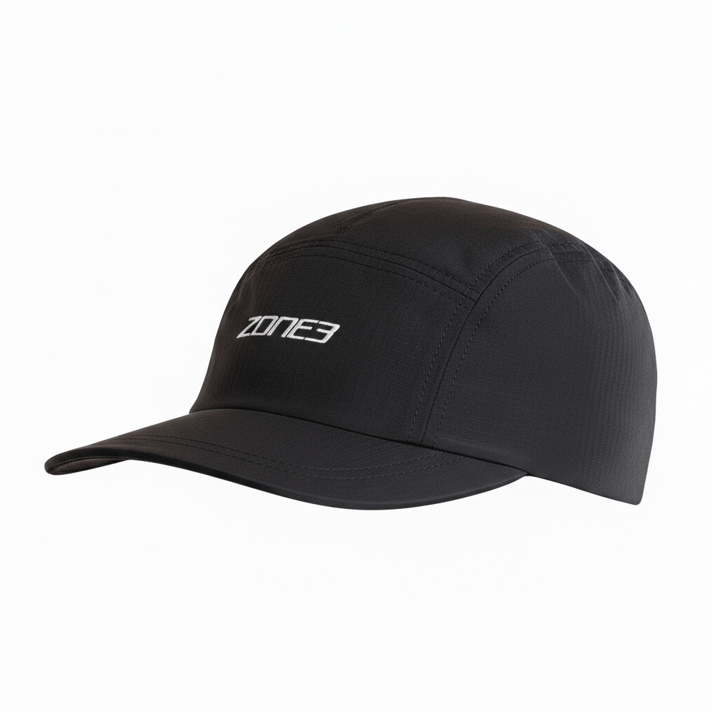 Gorra de running de 5 paneles en negro, con un diseño elegante para mayor comodidad en actividades al aire libre.