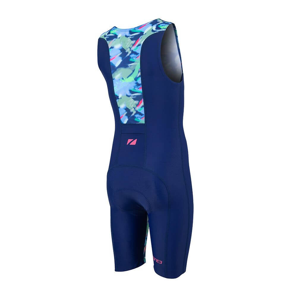 Trisuit con estampado digital para niños, con un colorido diseño en la espalda, perfecto para jóvenes triatletas.