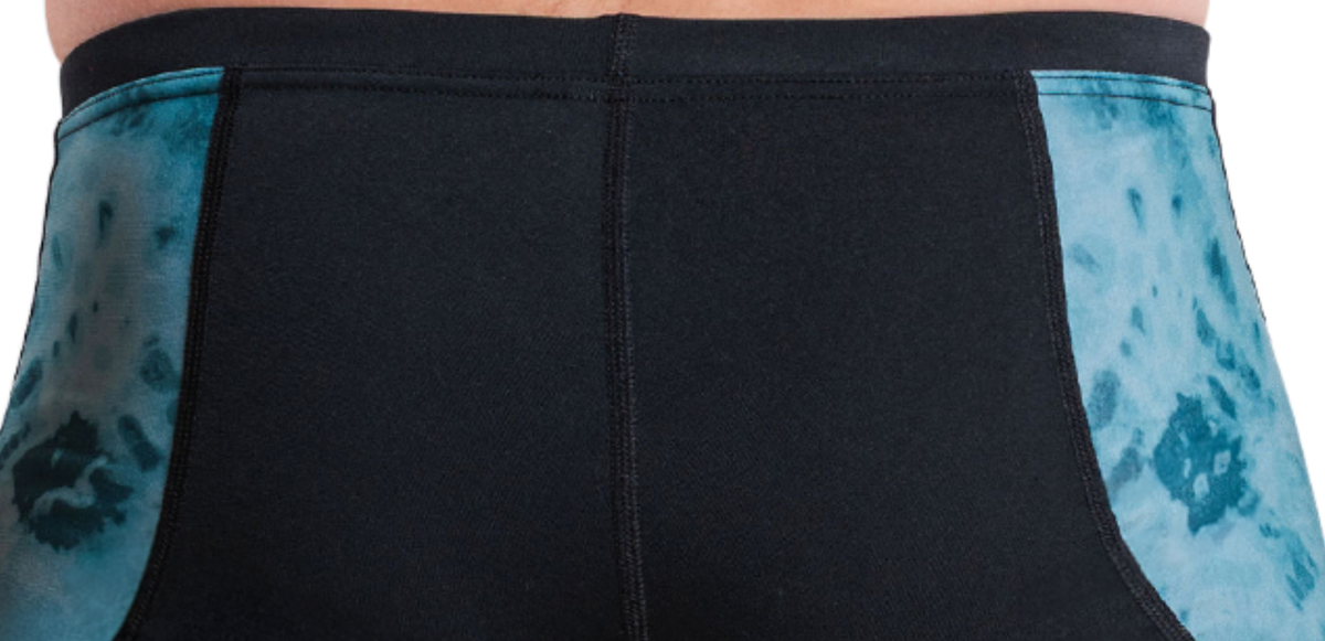 Close-up of a black and teal swim jammers