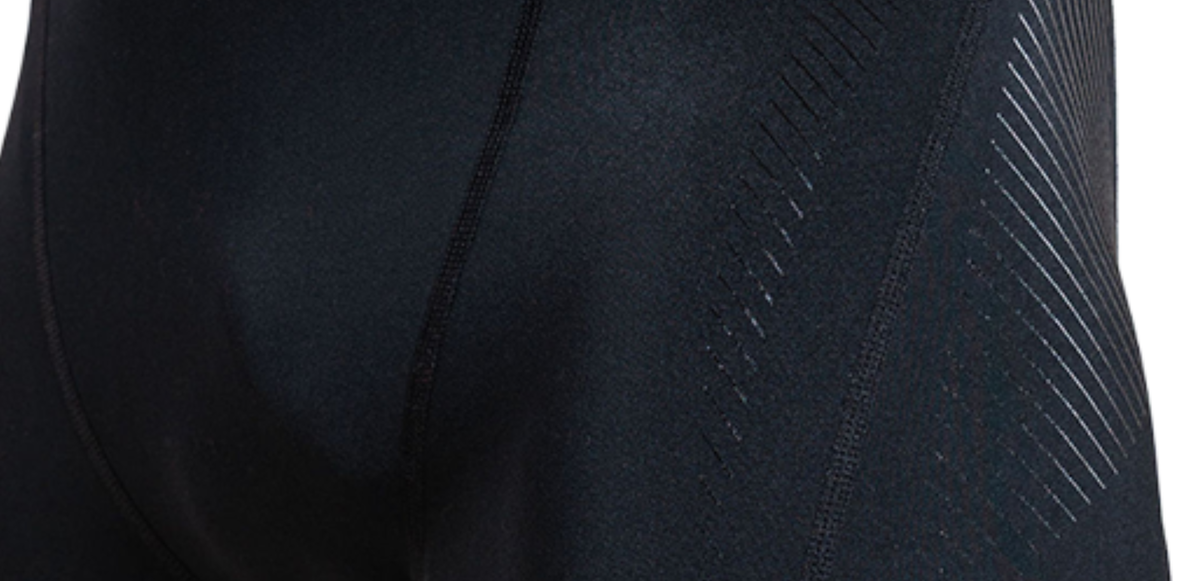 Close-up of a black athletic jammers with geometric patterns on a white background