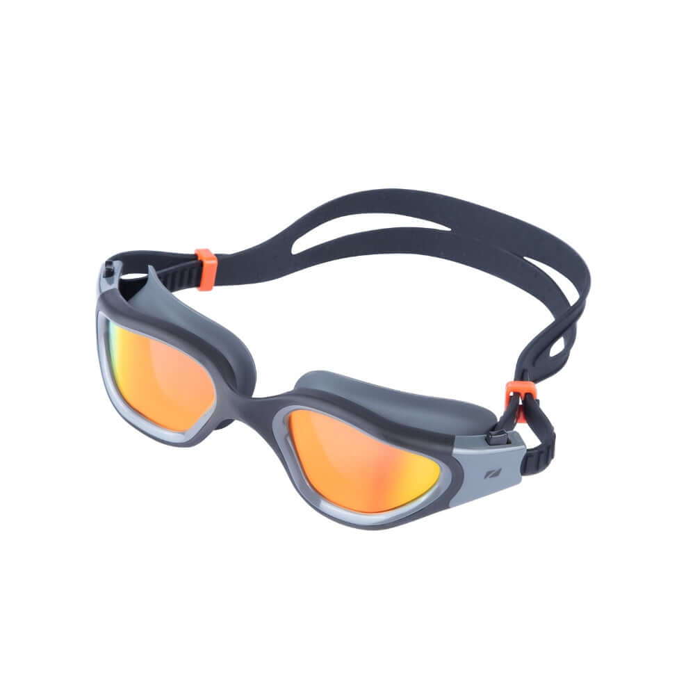 Gafas de Natación Vapour con montura gris, lentes espejadas naranjas y correa negra