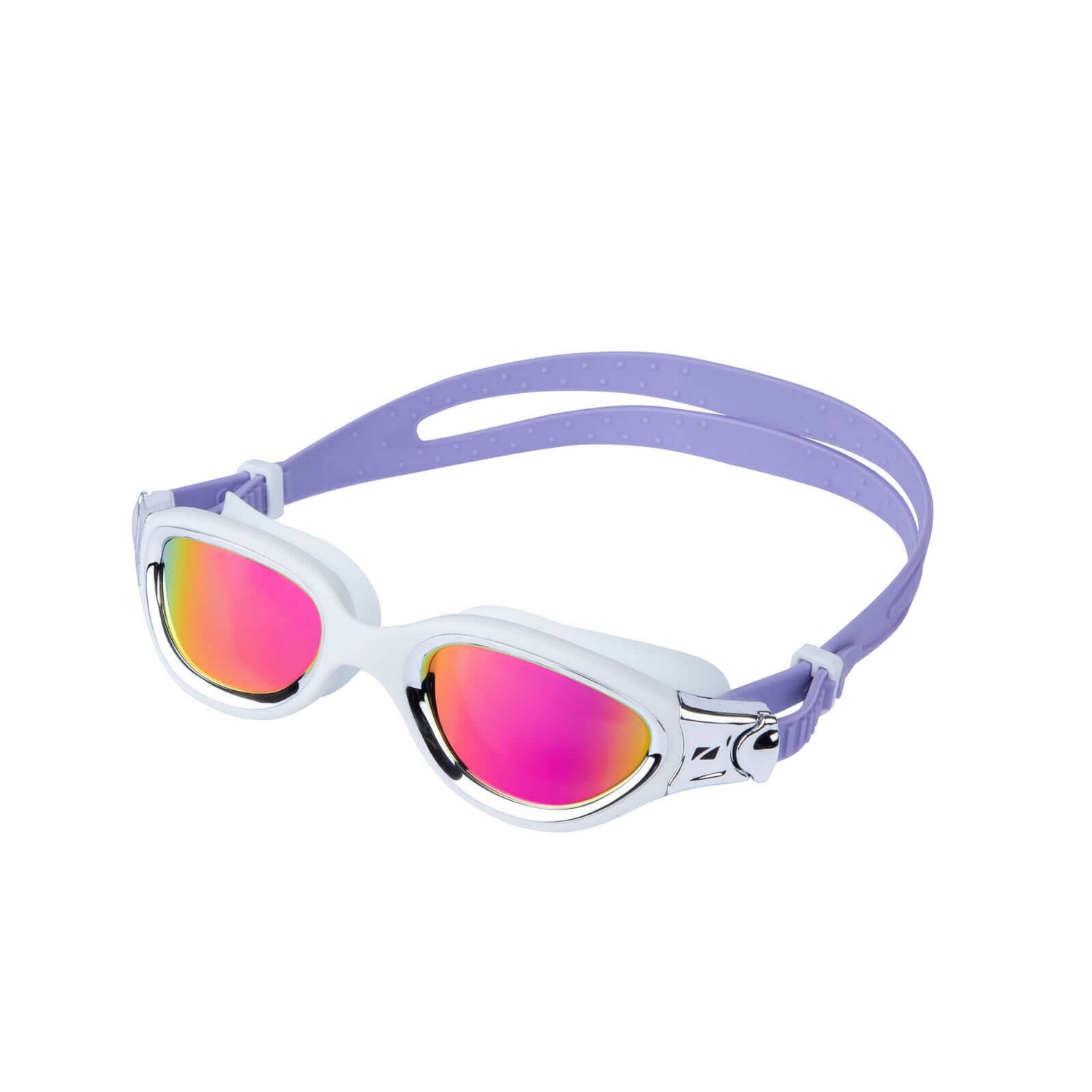 Gafas de natación Venator-X con montura blanca, correa morada y lentes espejadas rosas