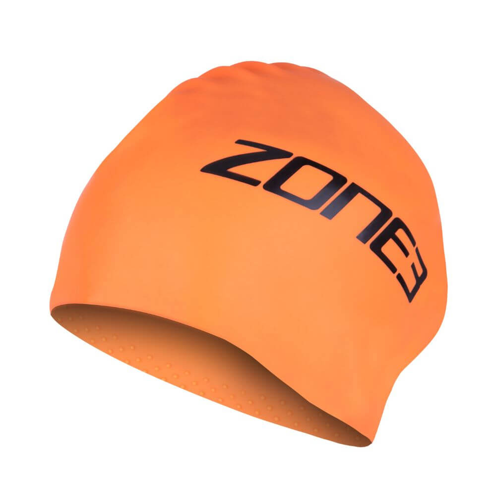 Gorro de natación de silicona para pelo extra largo, en naranja vivo con logotipo, para nadadores con pelo largo.