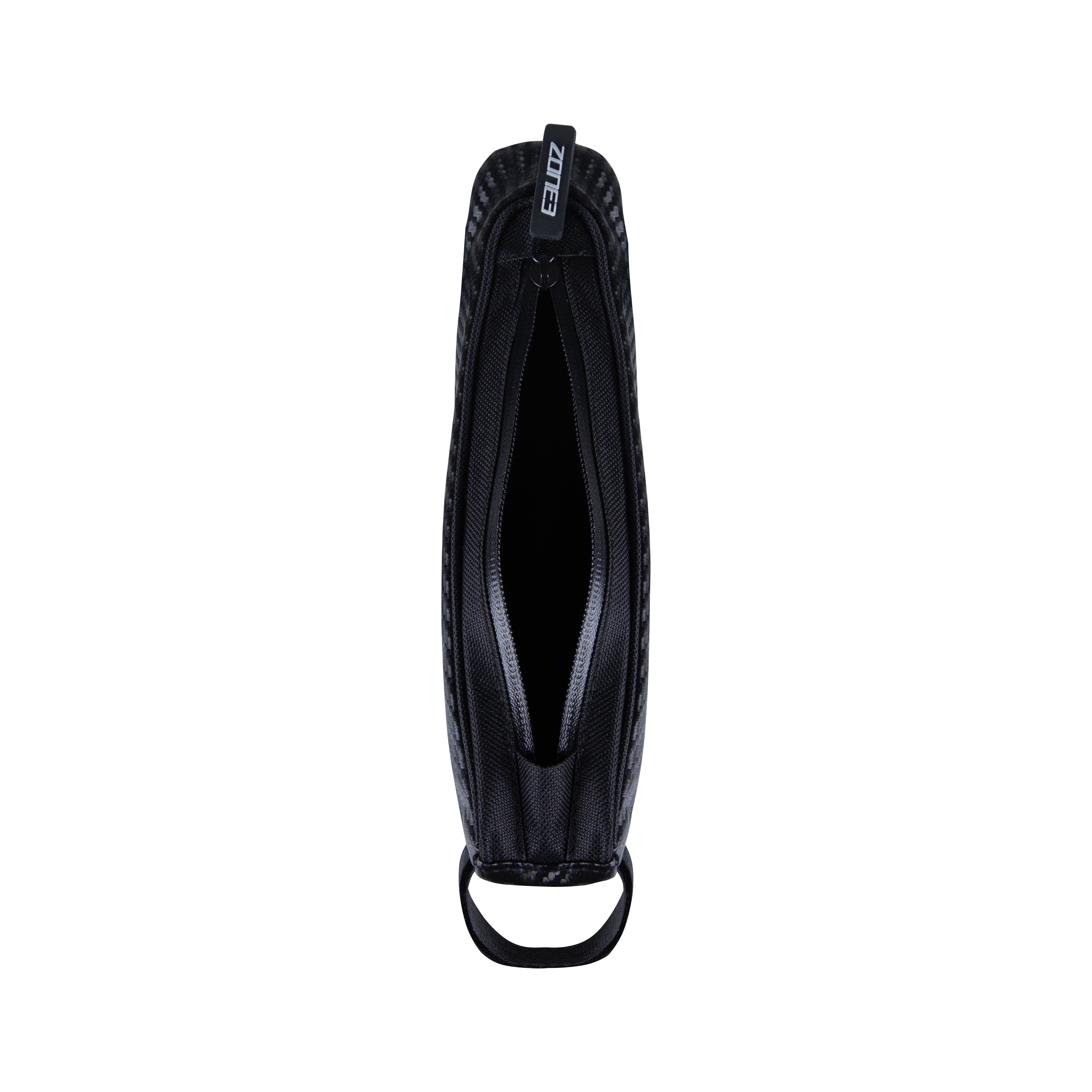 Vista superior de un bolsillo compacto negro, con cordones naranjas vivos y topes de cordón.